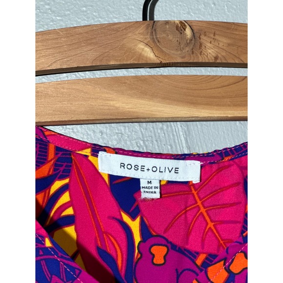 Rose+Olive Womens Blouse Top V-Neck Waist‎ 3/4 Sleeve Leaf Pattern Pink M - Picture 3 of 4